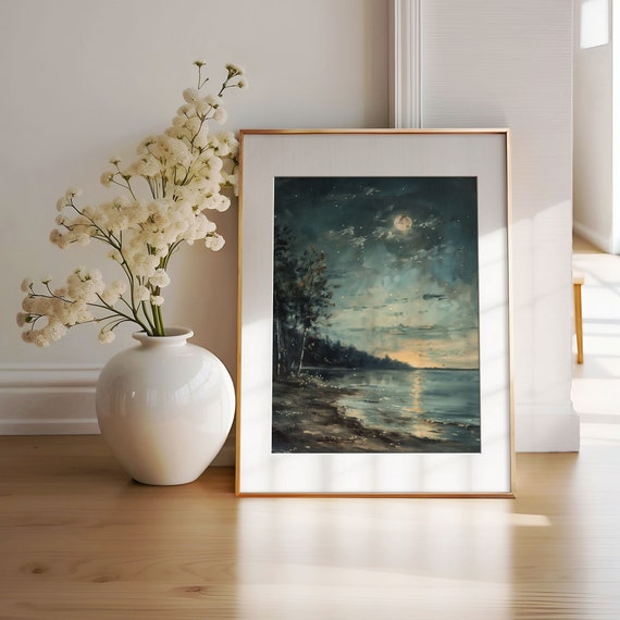 Full Moon Nighttime Coastal Beach Painting Moody Wall Art Dark Academia Decor Gothic Landscape Dark Cloud Moon Art Wall Art