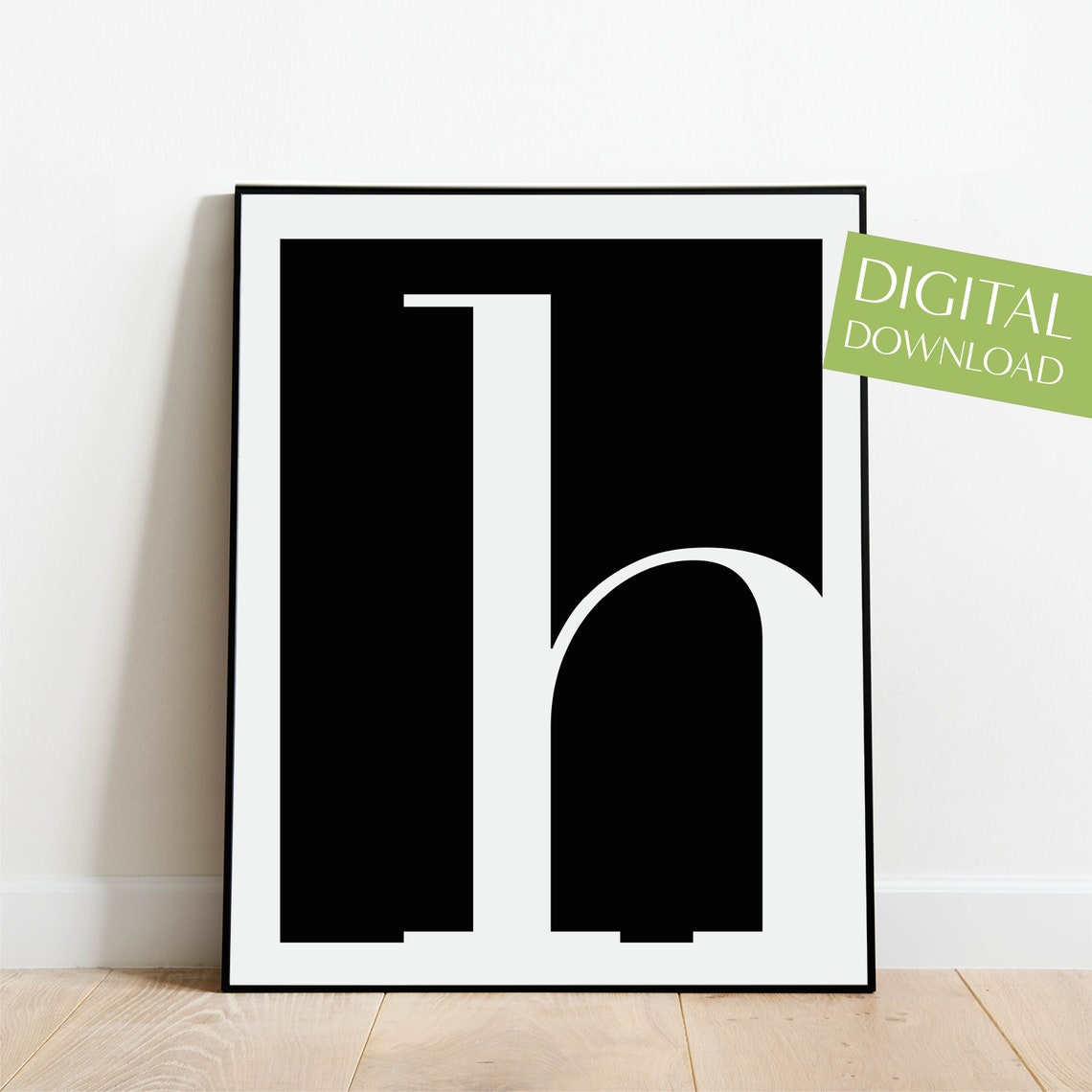 Lowercase Letter H Monogram Poster White on Black Modern Decor