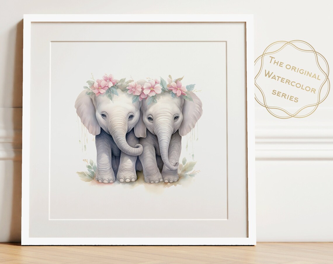 Twin Baby Elephants With Pink Flower Crowns Watercolor Nursery Poster