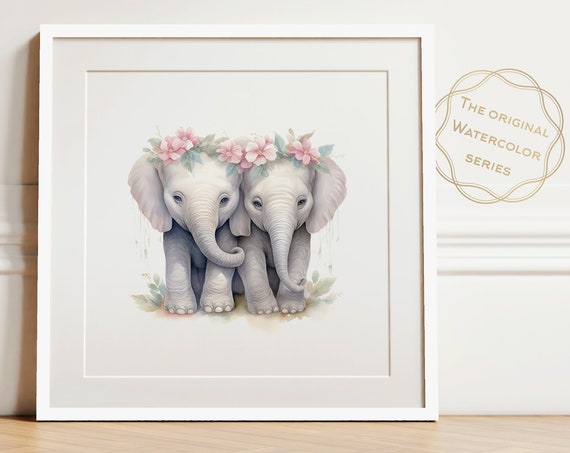 Twin Room Decor Girls Baby Elephant Prints Nursery Art Pink Gold
