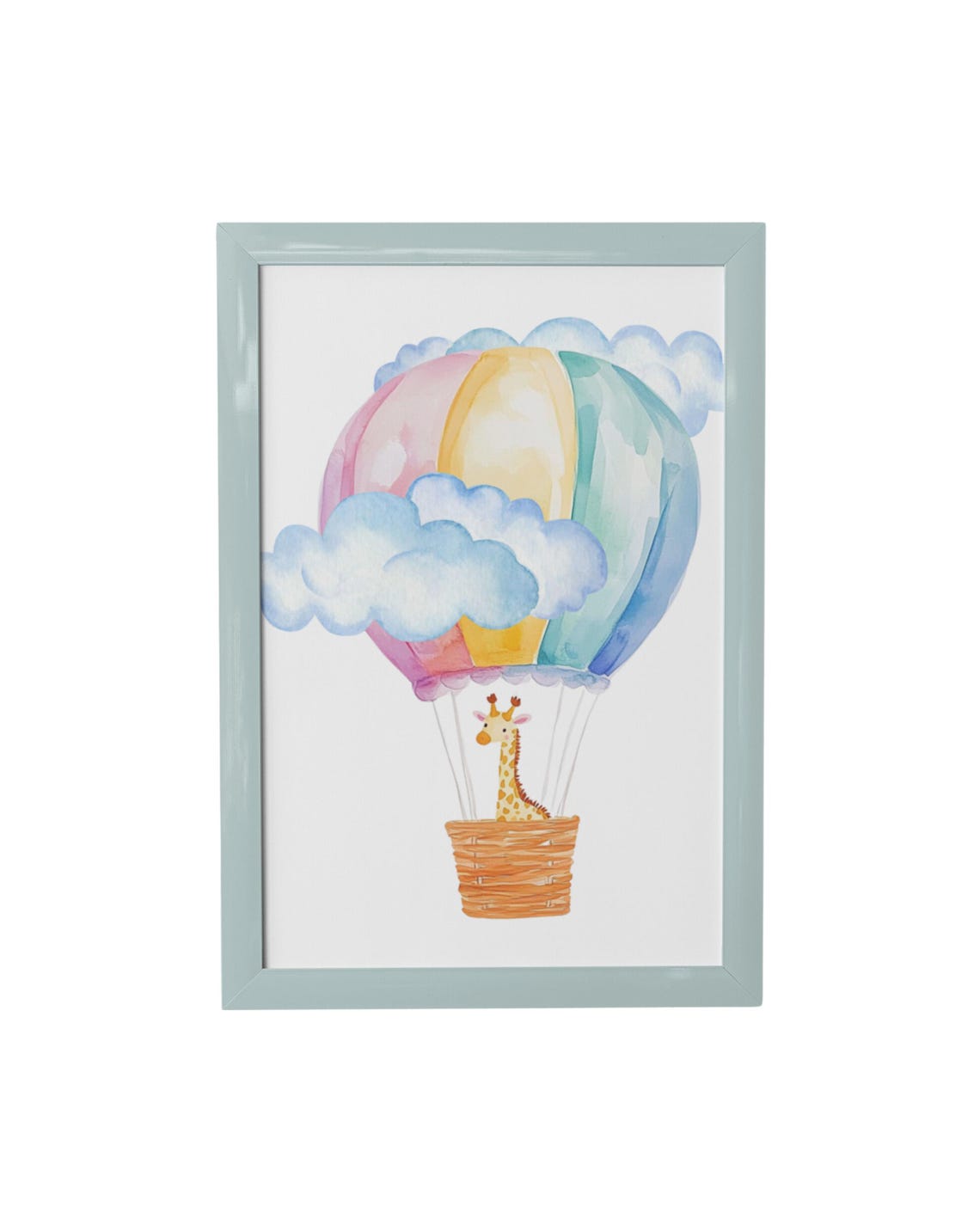 Rainbow Hot Air Balloon With Giraffe Among Clouds Nursery Poster