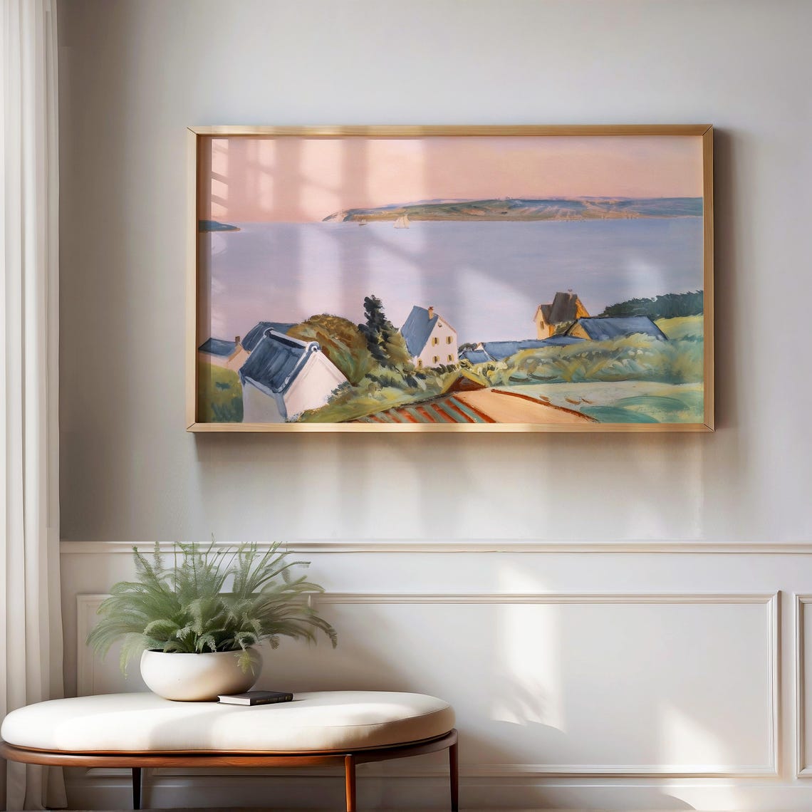 Coastal Village Sunset Cottages Pastel Seascape Vintage Poster - Image 3