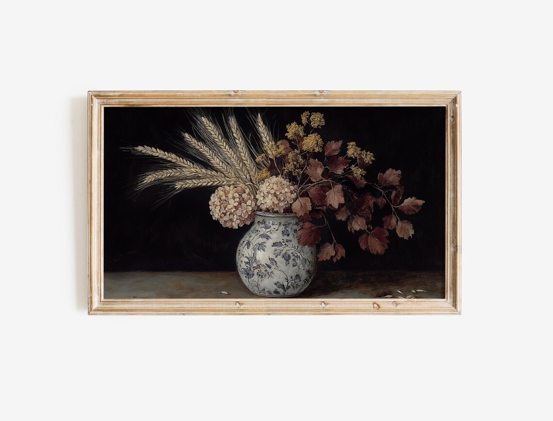 Moody Autumn Still Life with Wheat and Leaves Dark Art Poster - Image 4