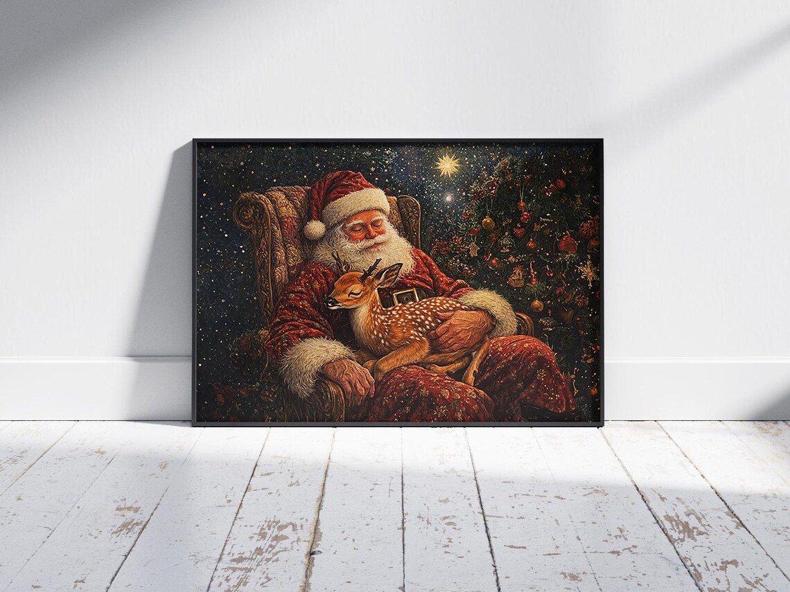 Santa Claus Dozing In Armchair With Fawn By Christmas Tree Vintage Poster - Image 2
