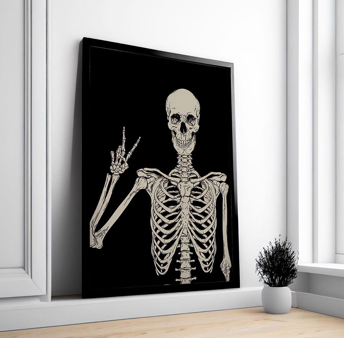 Peace Sign Skeleton Black Background Gothic Skull Art Poster - Image 4