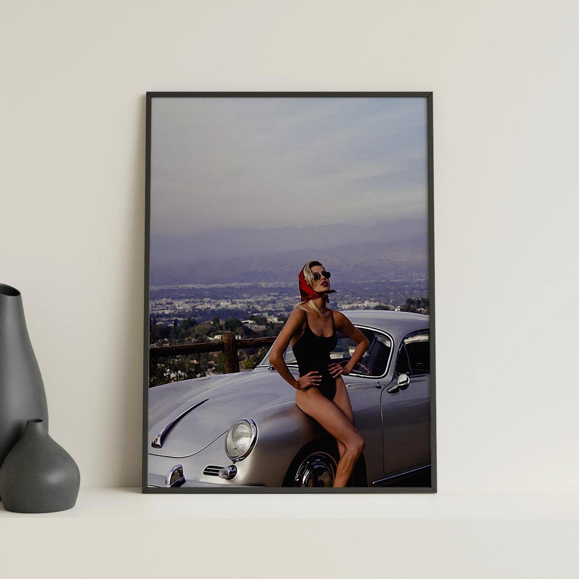 Retro Glamour Wall Art Woman With Vintage Car In Black Swimsuit And Red Headscarf Timeless Fashion Photography Print For Living Room Decor - Image 4