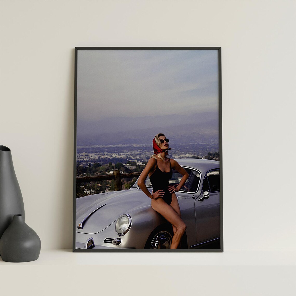 Retro Woman in Black Swimsuit with Vintage Porsche Glamour Photo Poster - Image 4