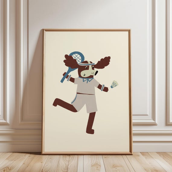 Dog Playing Tennis Art Print Whimsical Sports Poster