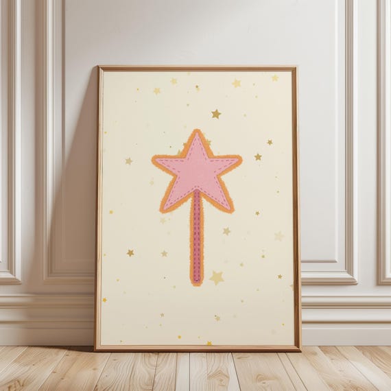 Pink Star Magic Wand Whimsical Nursery Decor Kids Bedroom Gold Star Poster