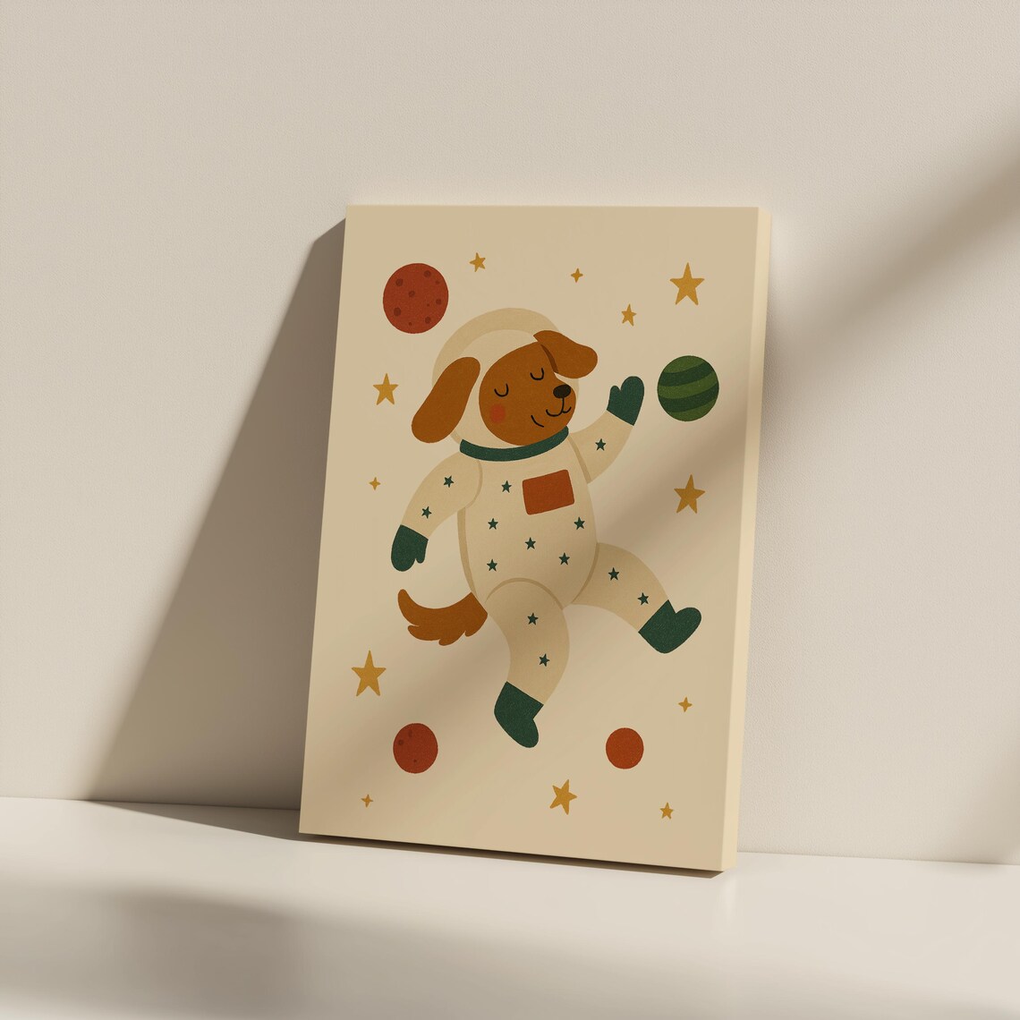 Adorable Astronaut Dog Floating Space Nursery Kids Bedroom Art Print
