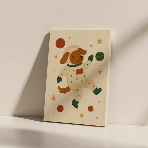 Astronaut Dog Canvas Wall Art Unframed Cute Space Print For Nursery Kids Room Or Playroom Fun Outer Decor