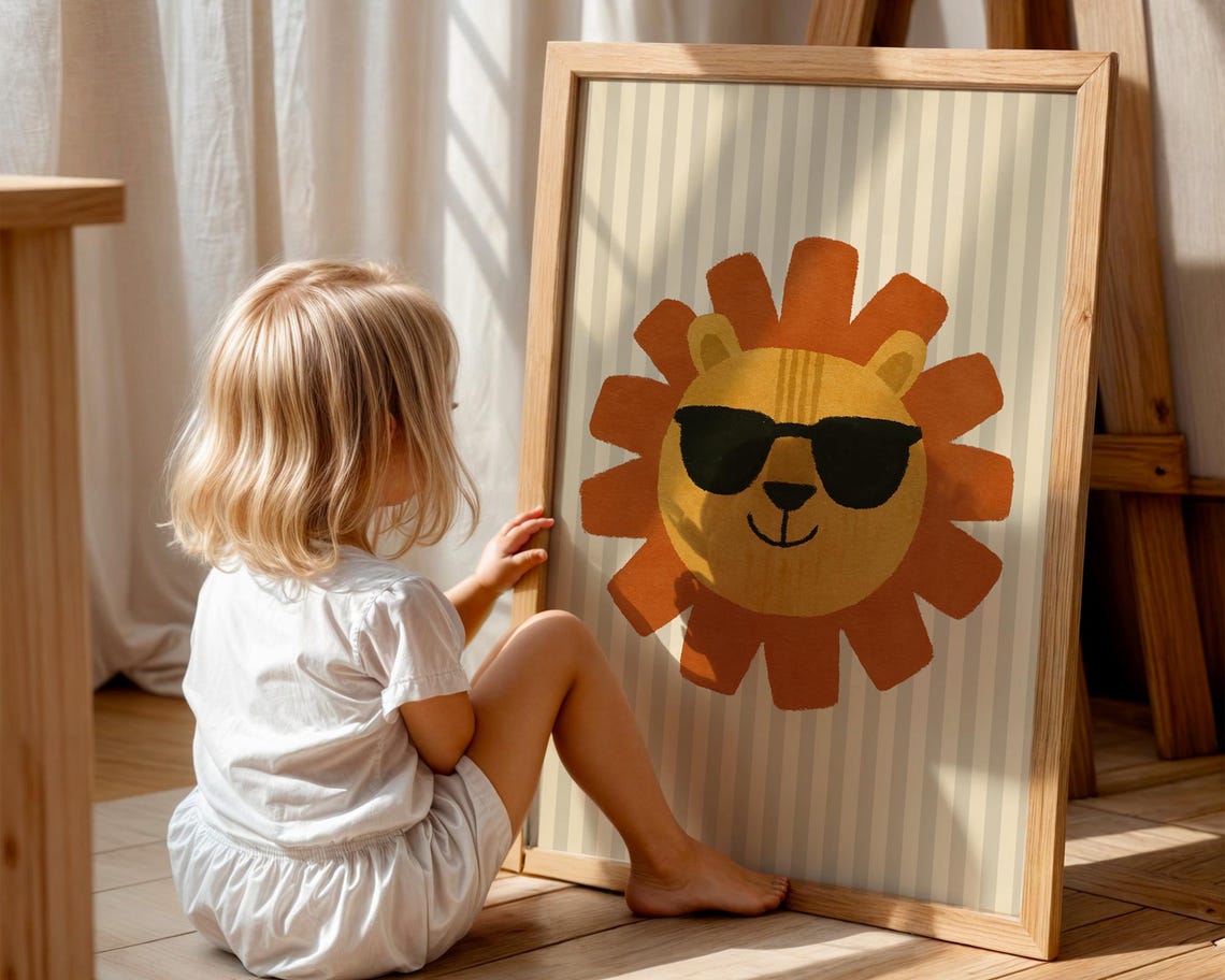 Cool Lion Wearing Sunglasses Kids Room Poster Fun Jungle Nursery Art