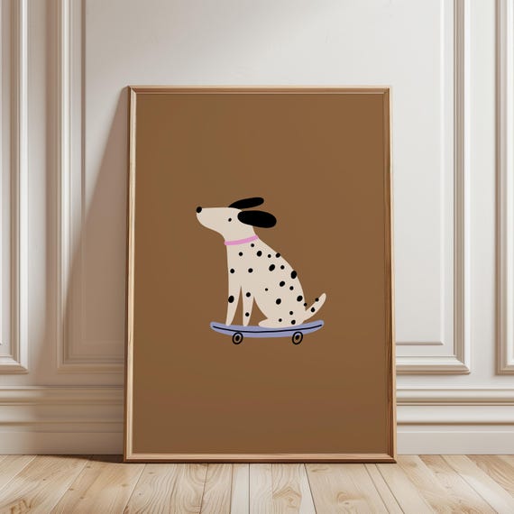Dalmatian Dog On Skateboard Print Minimalist Pet Illustration Kids Room Nursery Decor