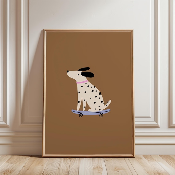 Dalmatian on Skateboard Poster Cute Spotted Dog Art for Kids Room Nursery Decor