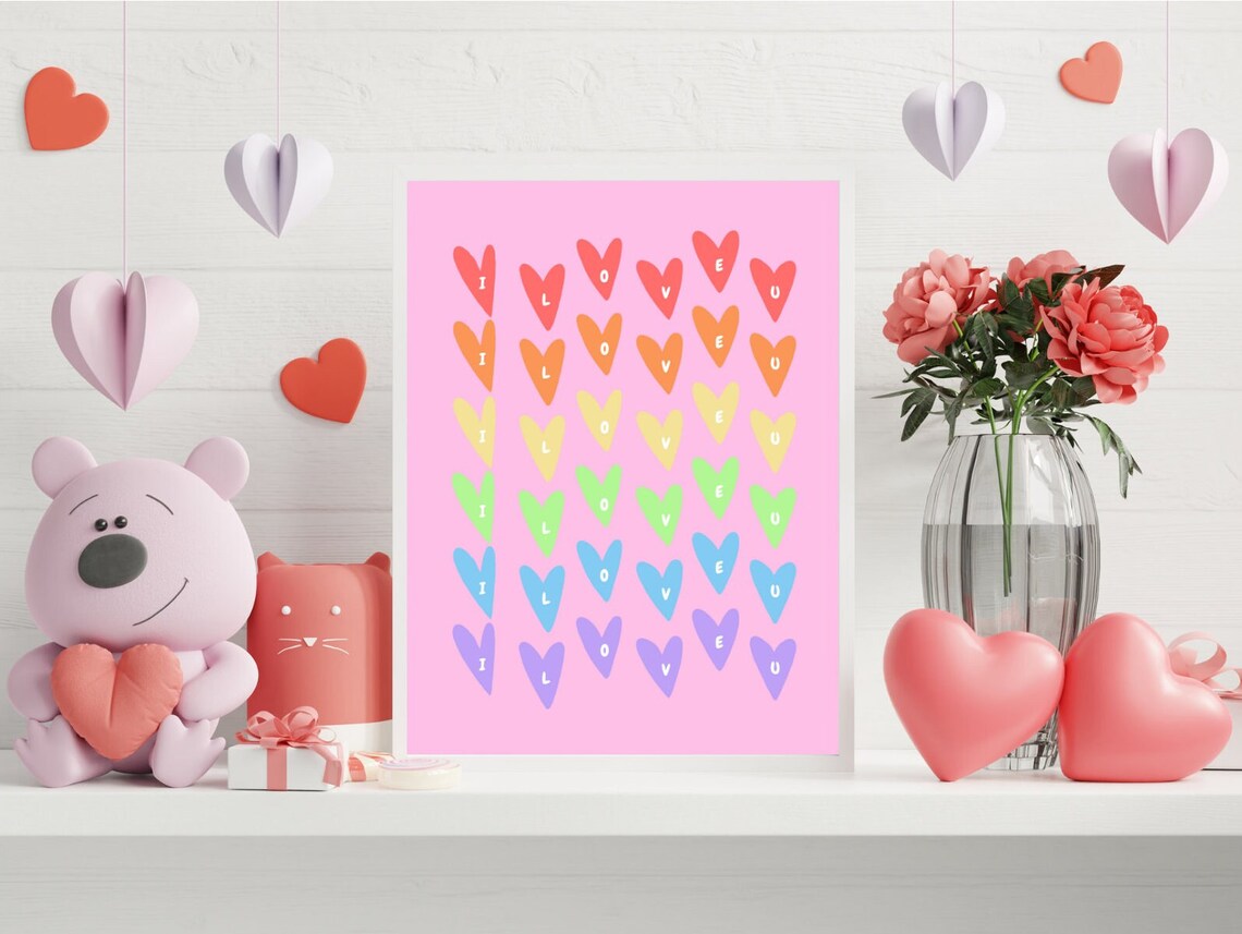 I Love U Rainbow Hearts Pink Valentines Day Love Wall Decor Poster