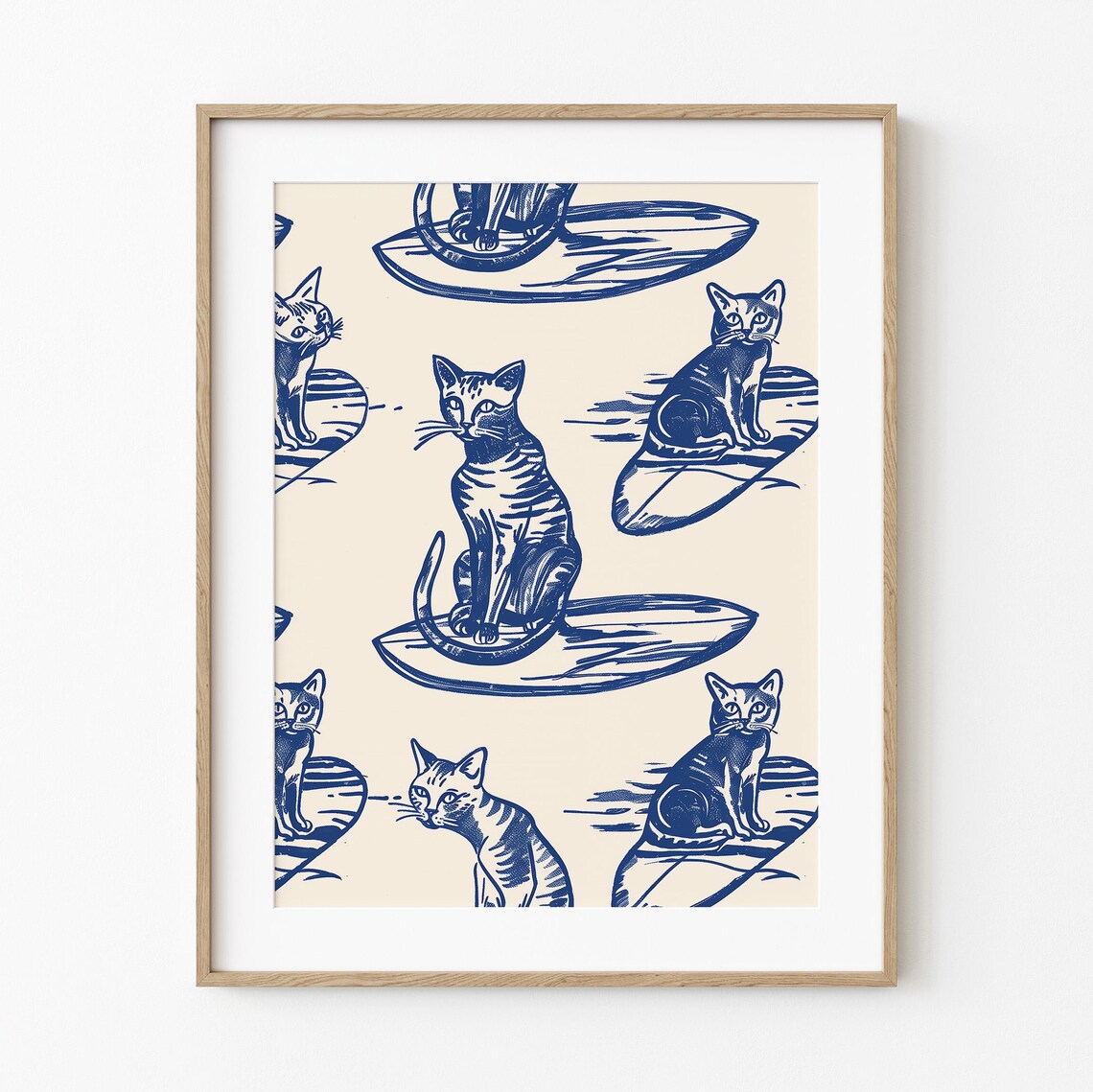 Surfing Cats Blue Ink Sketch Coastal Summer Beach House Poster