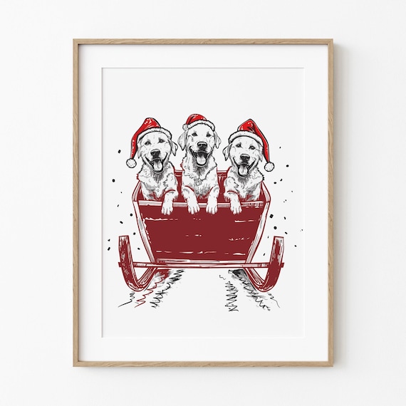 Three Golden Retrievers Santa Hats Sleigh Christmas Sketch Art Poster
