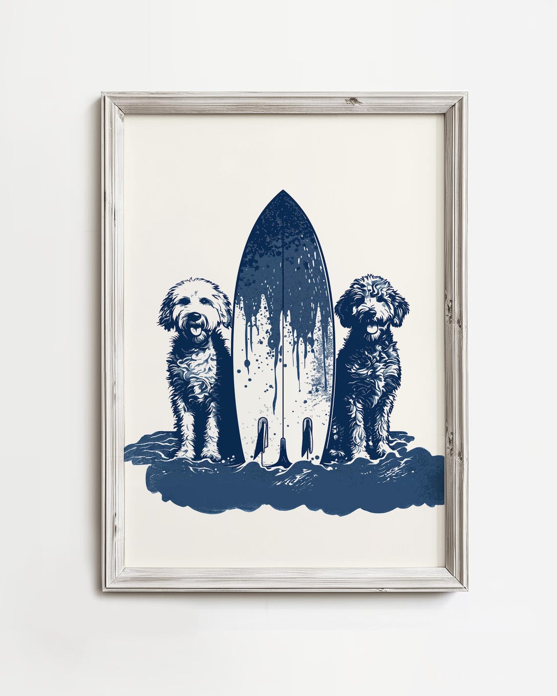 Happy Doodle Dogs with Surfboard Navy Beach Whimsical Poster