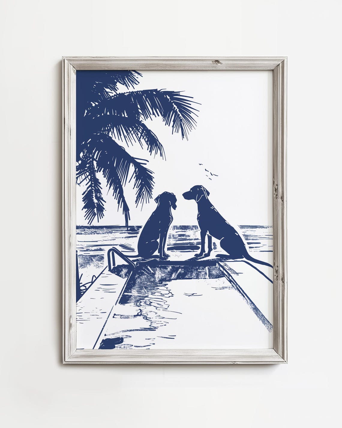 Two Dogs Watching Ocean From Pool Edge Navy Ink Beach Poster