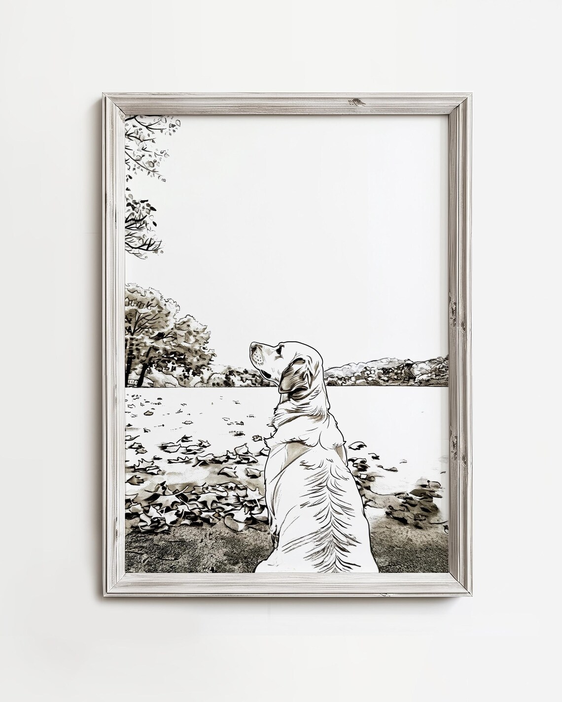 Golden Retriever Gazing at Autumn Leaves Ink Sketch Dog Art Poster