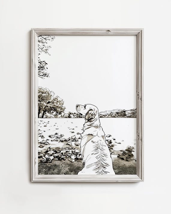 Autumn Golden Retriever Looks Fall Dog Sketch Art Lovers Print Season Wall Decor Minimalist Brown