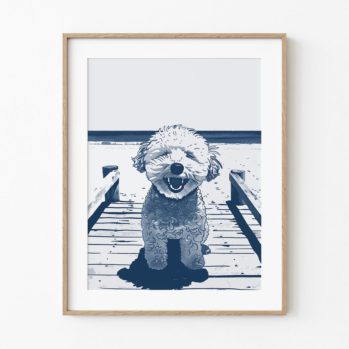 Smiling Poodle on Ocean Pier Coastal Blue Dog Beach Wall Art