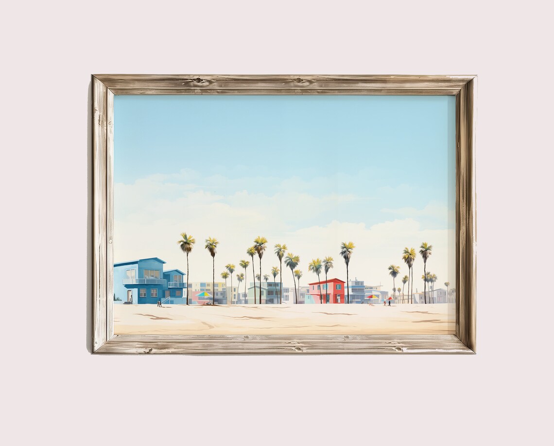 Coastal Beach Town With Palm Trees Pastel Houses Minimalist Art Poster
