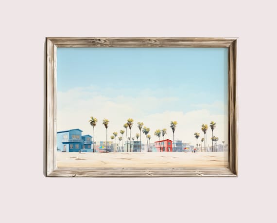 Coastal Beach Town With Palm Trees Pastel Houses Minimalist Art Poster