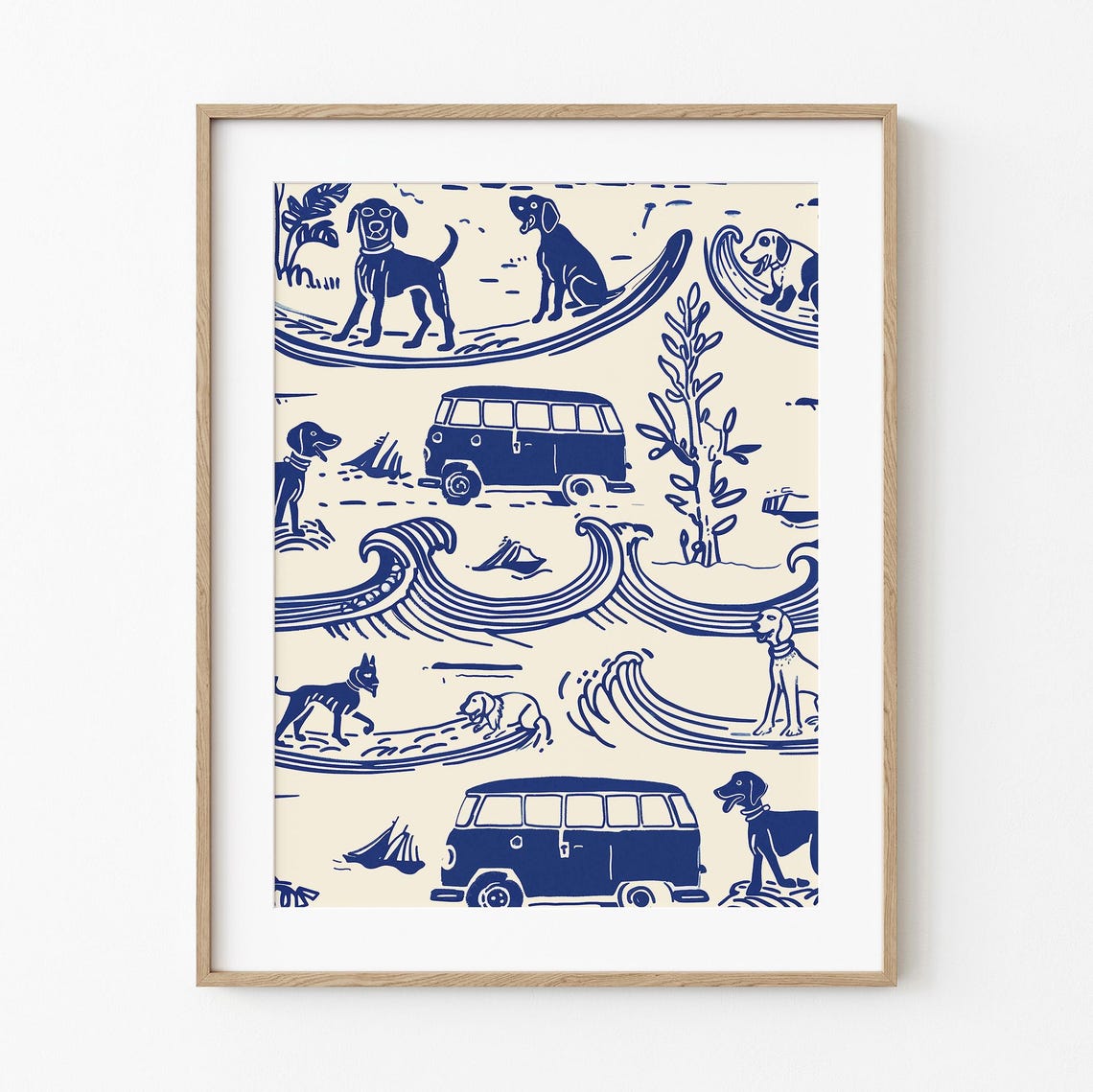 Surfing Dogs Vintage Toile Beach Summer Whimsical Art Poster