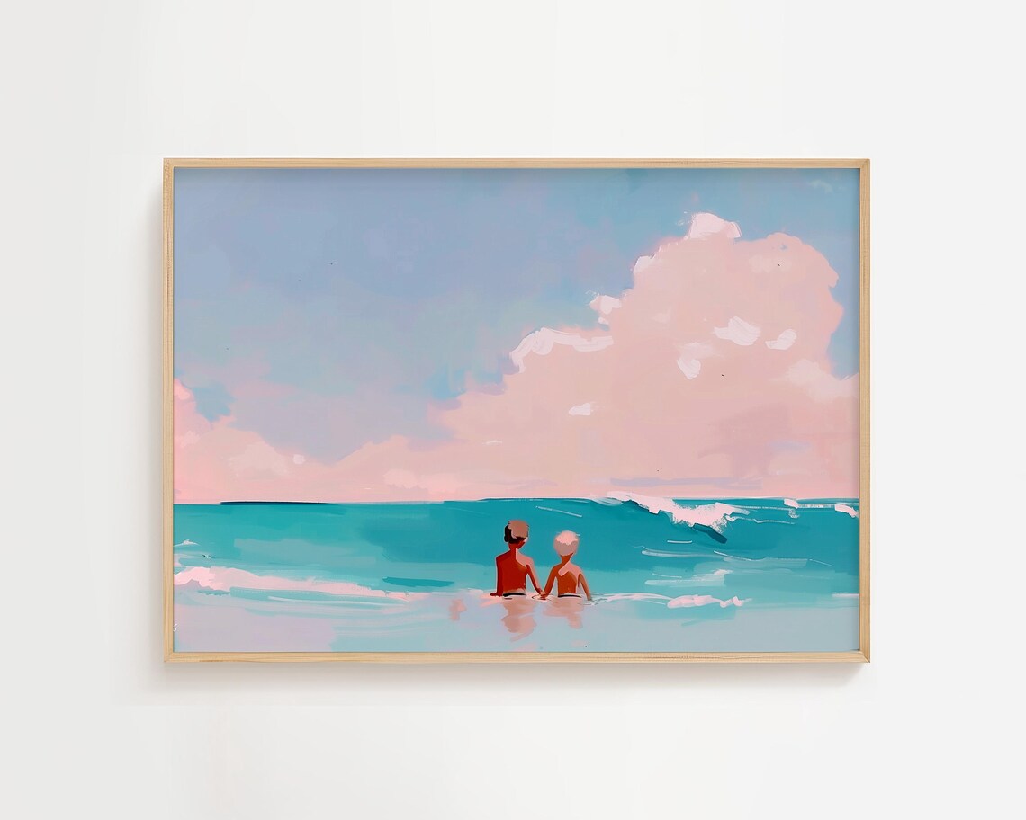 Two Children Wading in Turquoise Ocean Pastel Beach Art Poster
