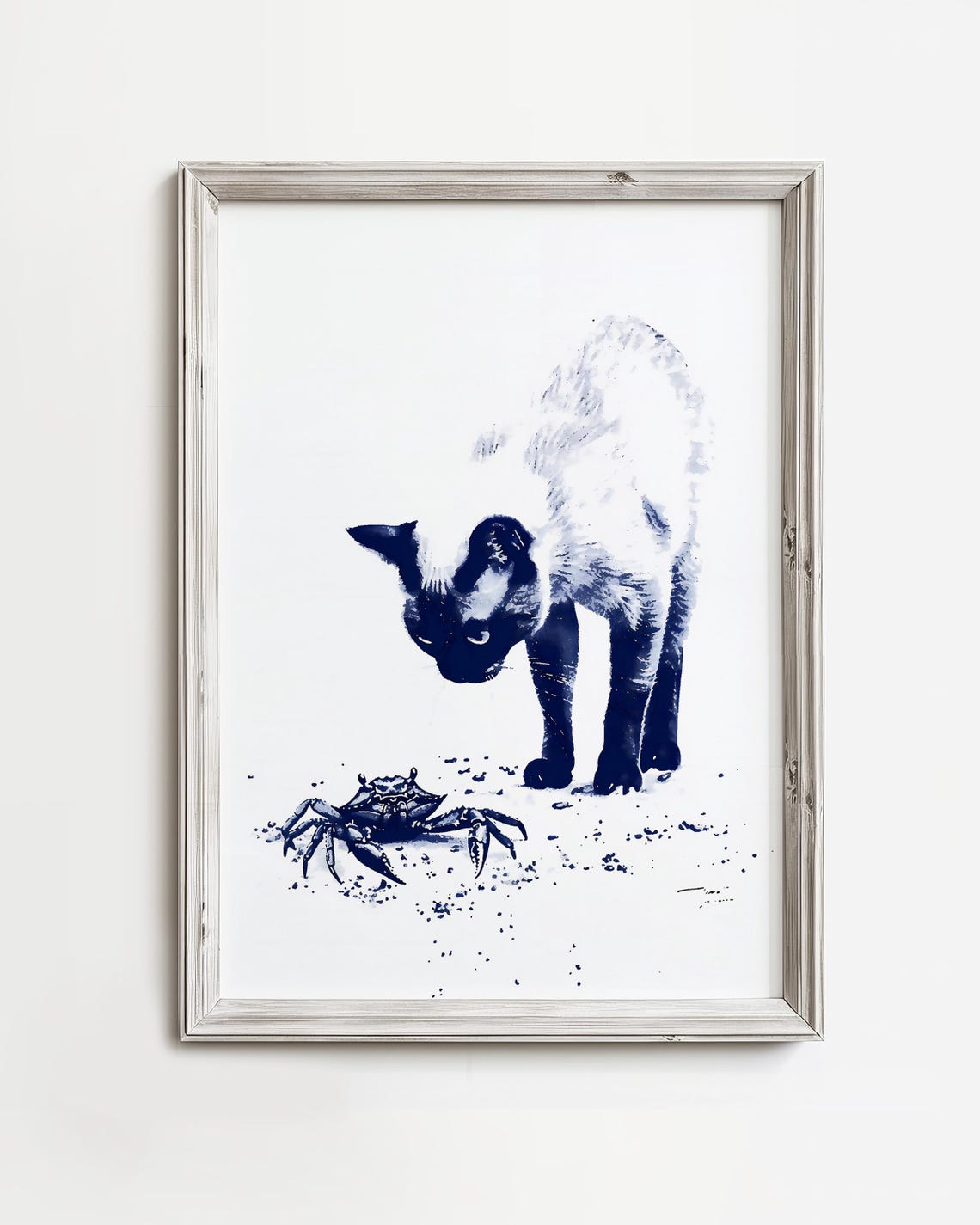 Siamese Cat Watching a Crab Navy Blue Minimalist Ink Art Poster