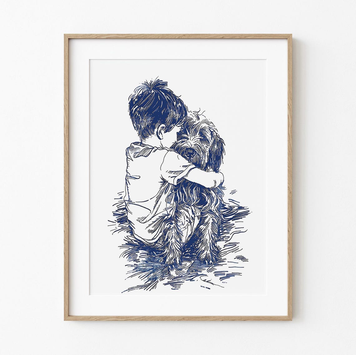 Boy Hugging Dog Sketch Navy Blue Minimalist Line Art Nursery Poster