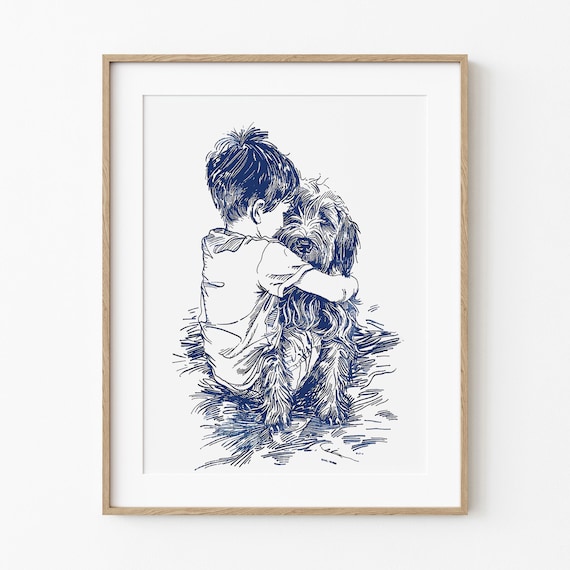 Boy Hugging Dog Sketch Navy Blue Minimalist Line Art Nursery Poster