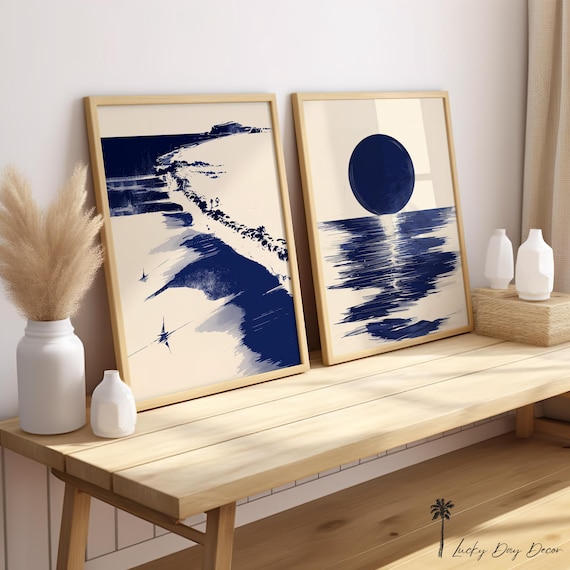 Navy Blue Coastal Beach Set of 2 Minimalist Ocean Abstract Poster