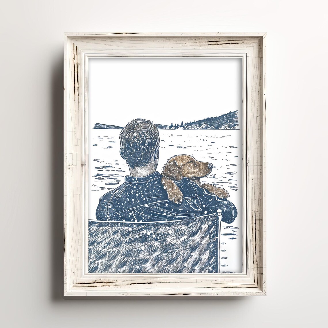 Man and Dog in a Snowy Lake Navy Line Art Winter Scene Poster