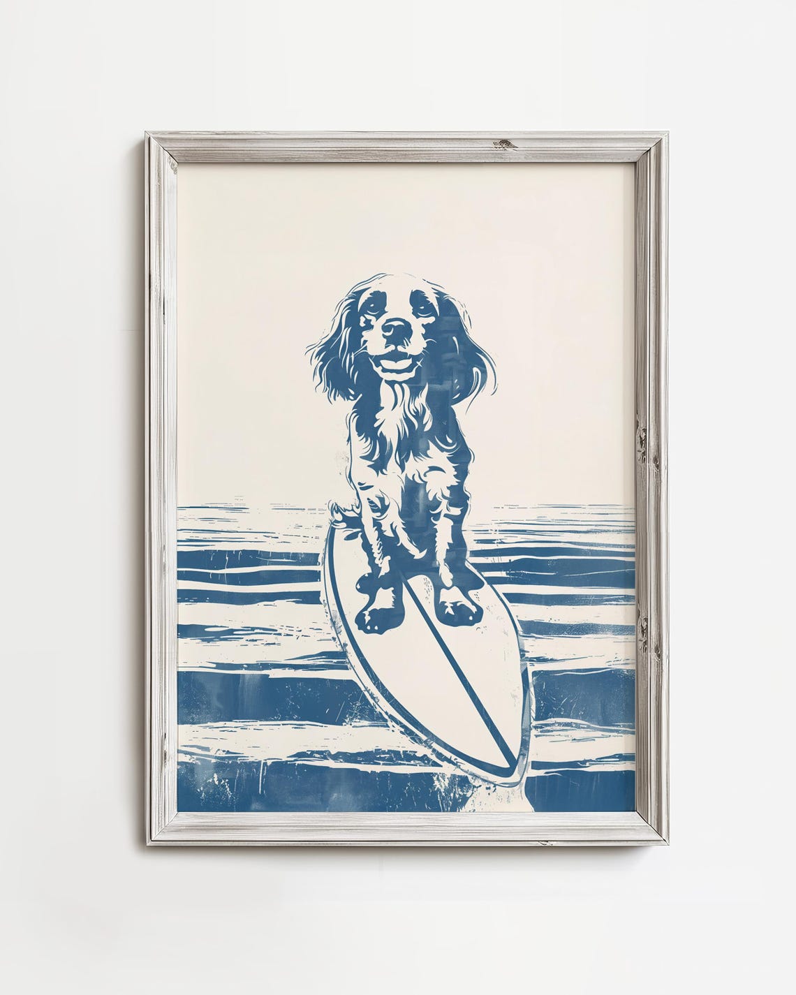 Cocker Spaniel Surfing Blue Ink Ocean Waves Cute Dog Art Poster