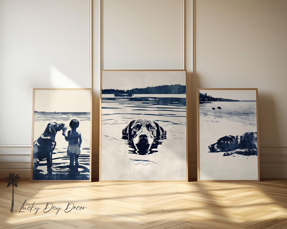 Navy Dog Days Vintage Beach Sketch Lake Dog Set Of Three Poster