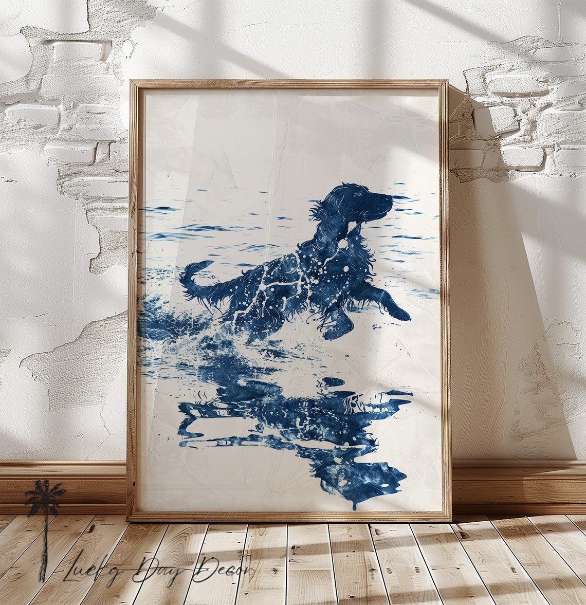 Spaniel Running Ocean Waves Blue Coastal Watercolor Dog Art Poster