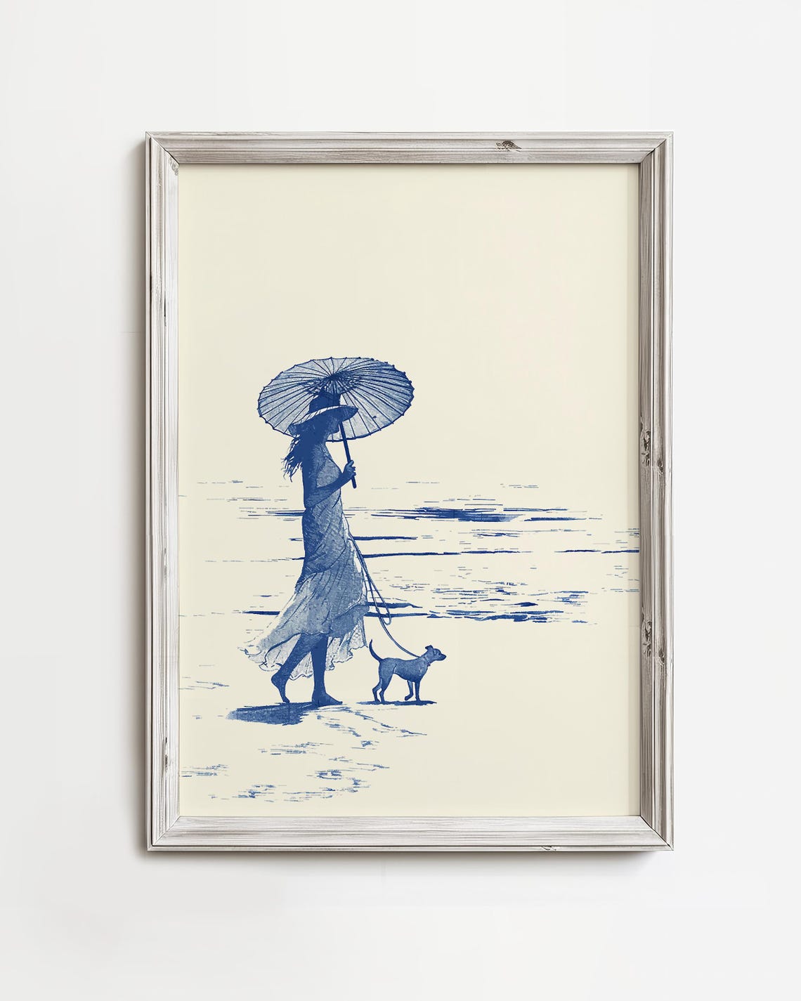 Woman With Parasol Walking Her Dog on Beach Navy Ink Art Poster