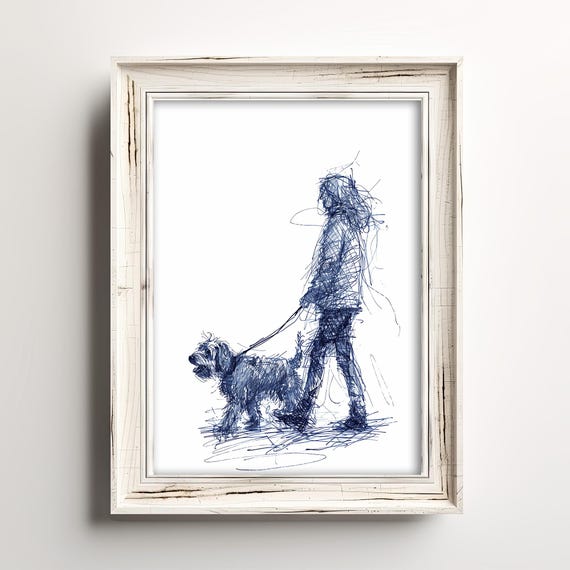 Dog Walking Weather Sketch Up North Art Enthusiast Minimalist Wall Decor Navy Blue Line Print