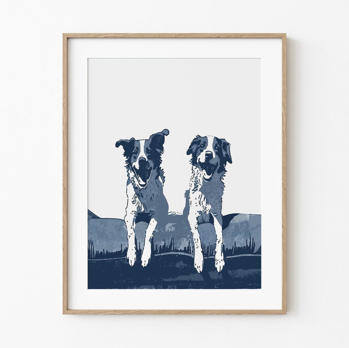 Two Happy Border Collies Blue Pop Art Modern Dog Portrait Poster
