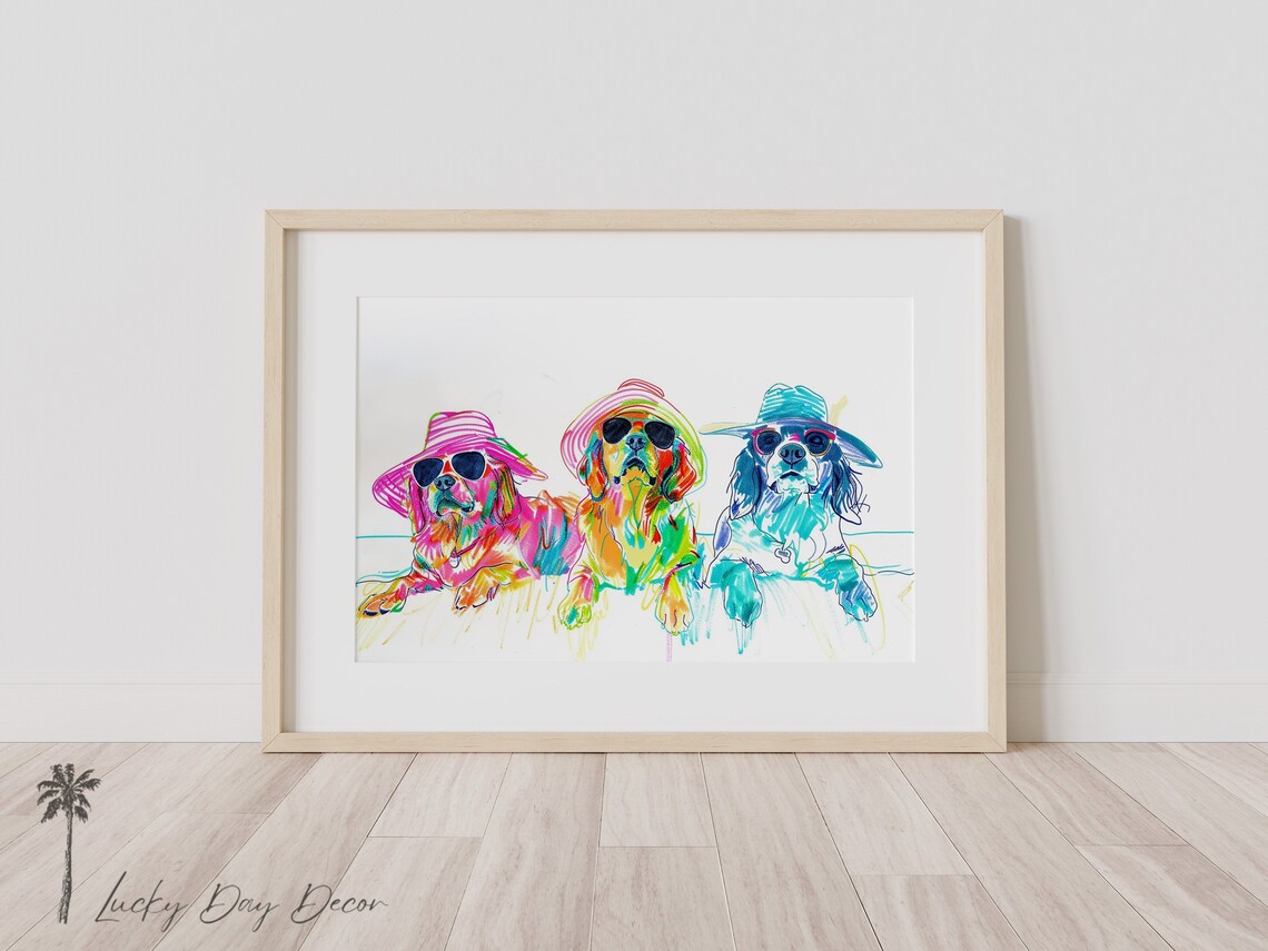 Dogs In Beach Hats Art Print, Funny Coastal
