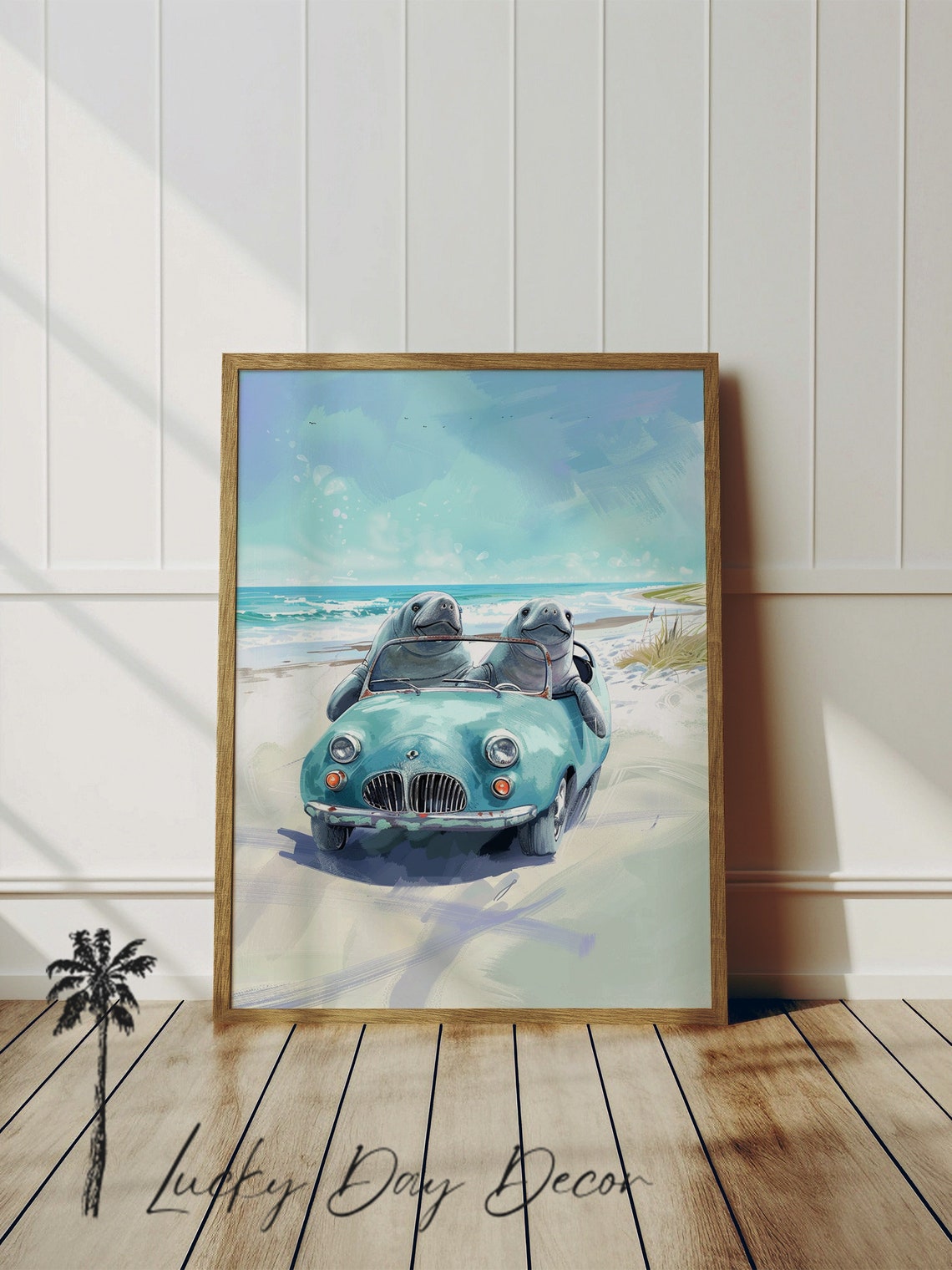 Whimsical Manatees Beach Road Trip Vintage Teal Convertible Poster