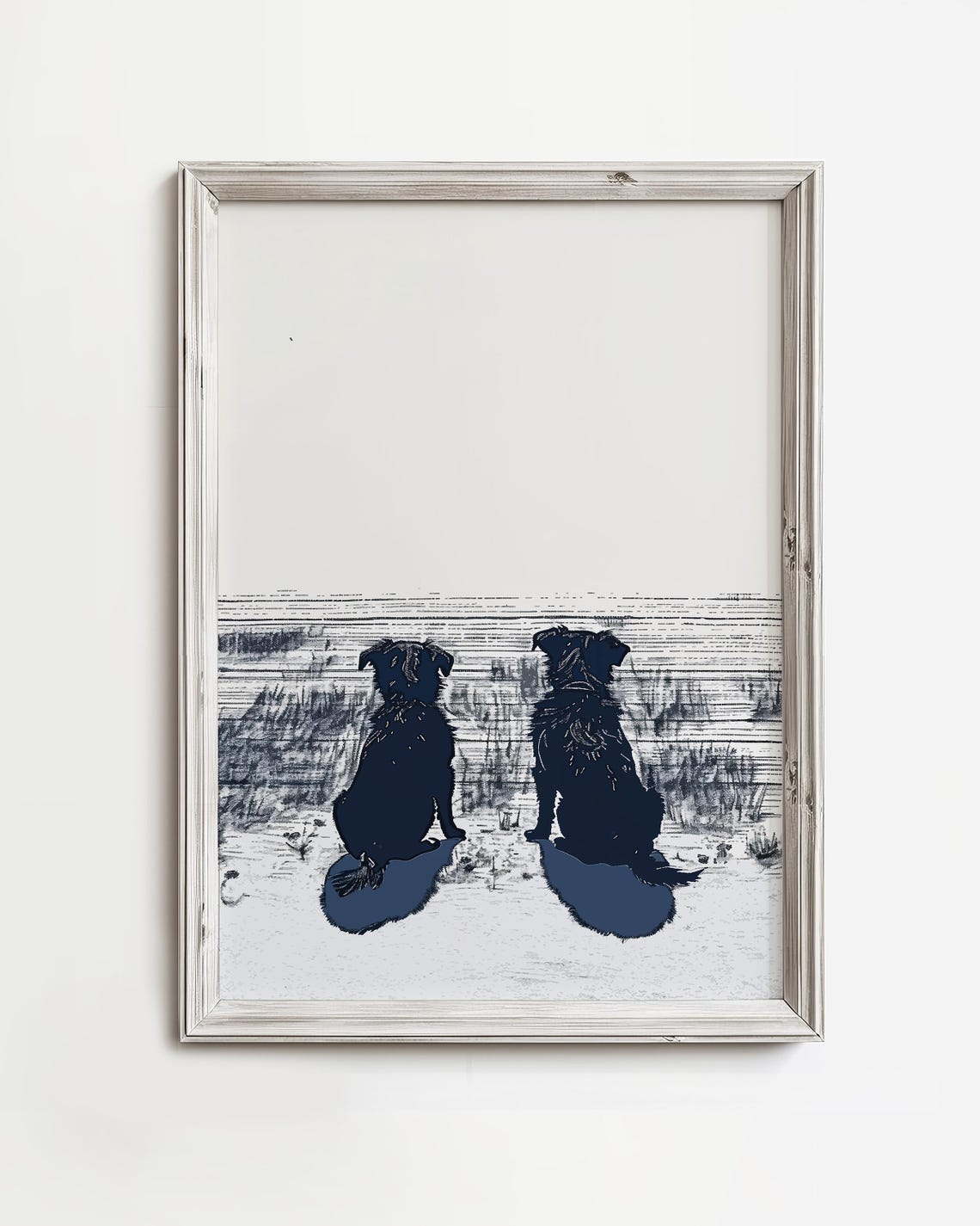 Two Dogs Watching Ocean Waves Navy Ink Sketch Coastal Art Poster