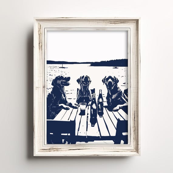 Happy Dogs Watering Hole Funny Hour Dog Wall Art Summertime Lake Beach Cottage Decor Blue Sketch