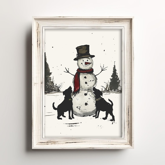 Snowman With Two Dogs Vintage Farmhouse Christmas Sketch Poster