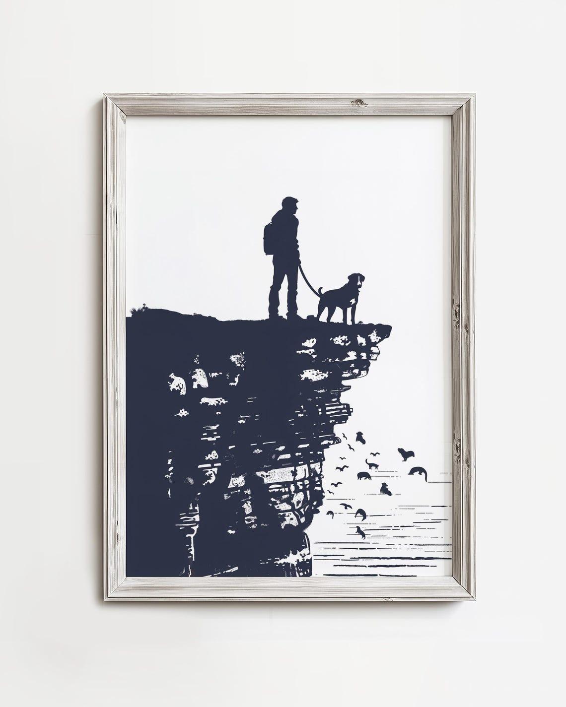 Hiker And Dog On Cliff Edge Navy Silhouette Outdoor Art Poster