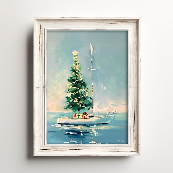 Christmas Tree Sailboat Pastel Nautical Holiday Painting Poster