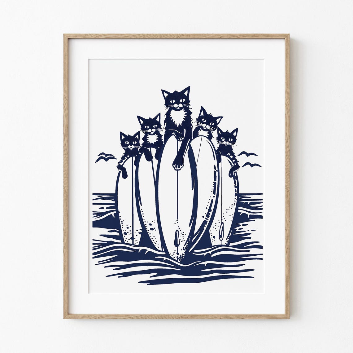 Five Cats Posing With Surfboards Navy Ocean Waves Funny Art Poster