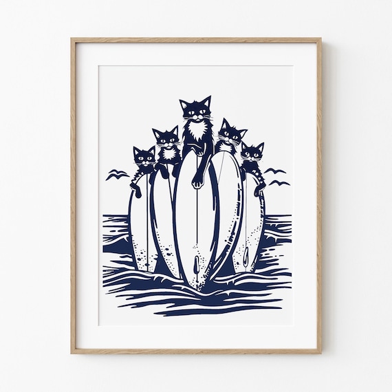 Five Cats Posing With Surfboards Navy Ocean Waves Funny Art Poster